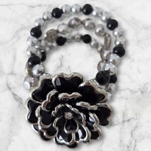 Black Flower Stretch Bracelet | Silver Tone Beads | Statement Floral Jewelry